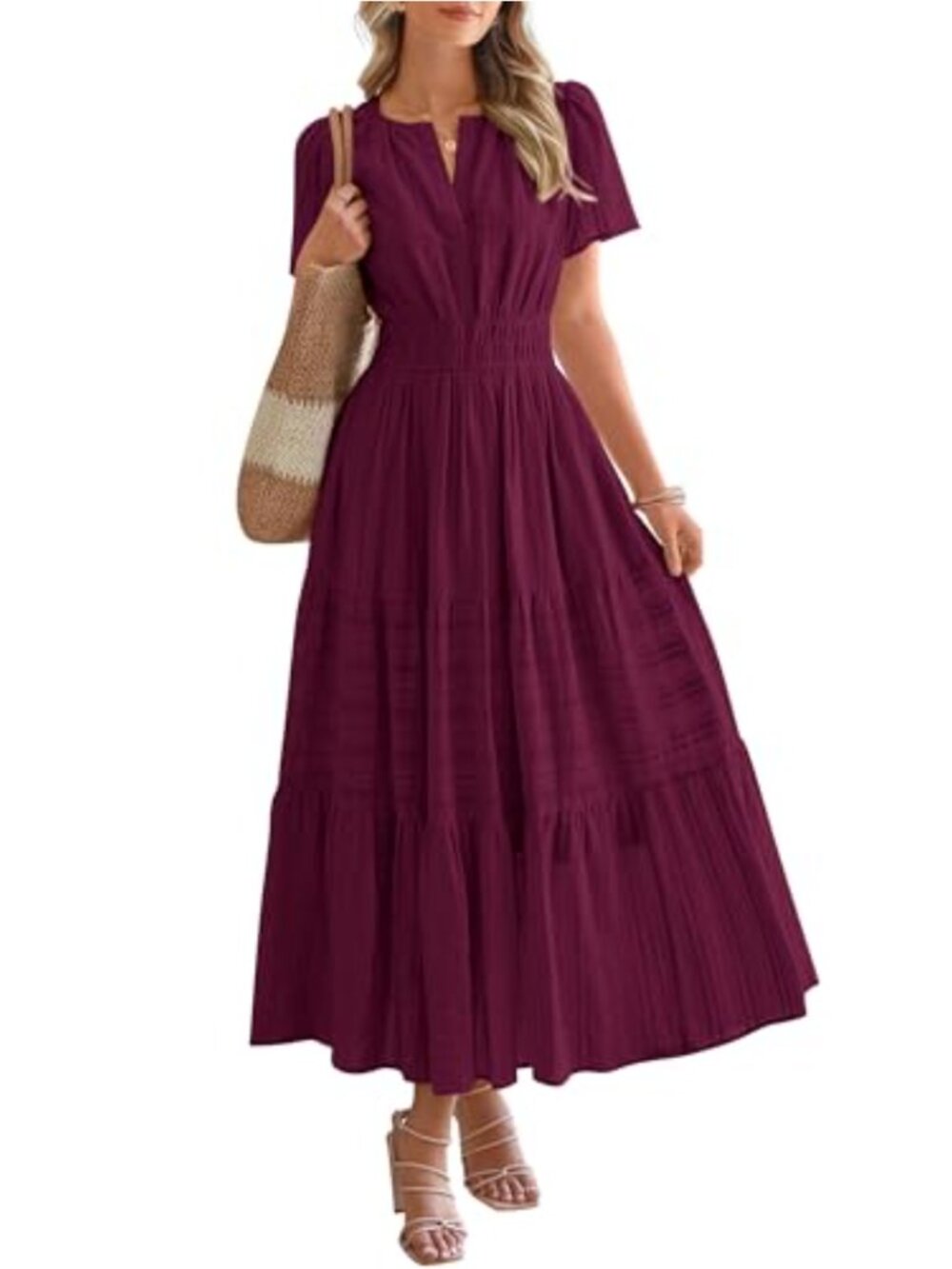 Women's V Neck Short Sleeve Maxi Dress with Pockets A-Line Tiered Ruffle